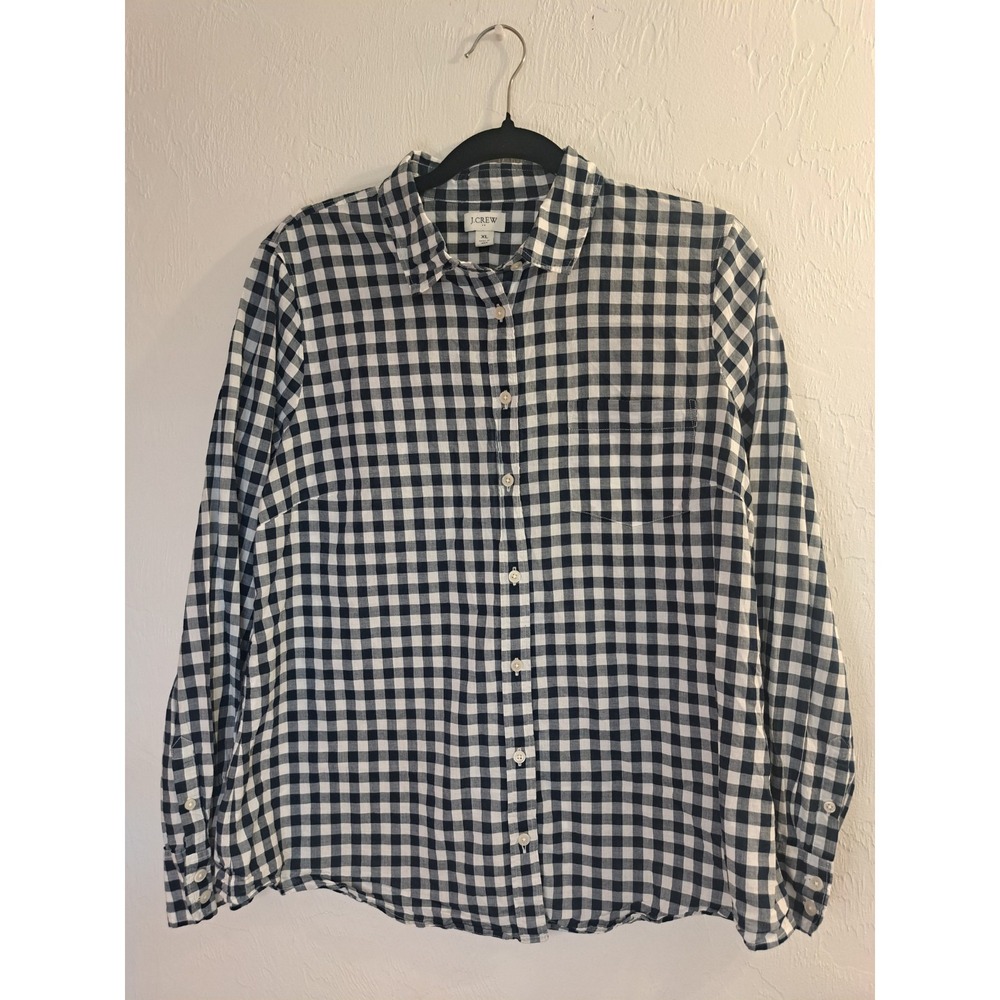 J.CREW Blue/Wht Check Cotton Button-Up LS Women XL Classic Work Casual